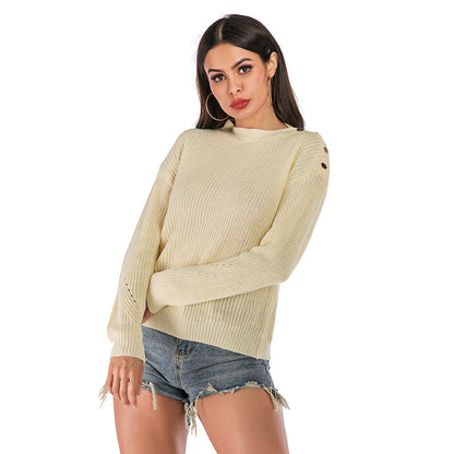 Damen Off-Shoulder Strickpullover mit Knopfdetails