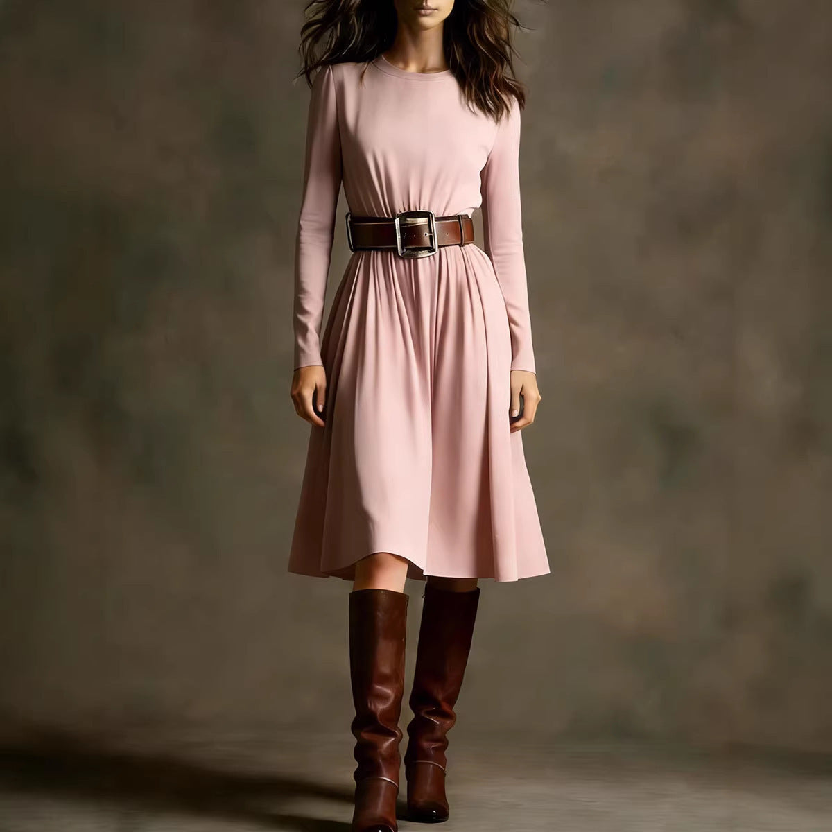 Damen Elegantes Kleid Langarm Taillengürtel Eveloria
