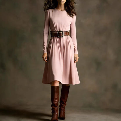 Damen Elegantes Kleid Langarm Taillengürtel Eveloria