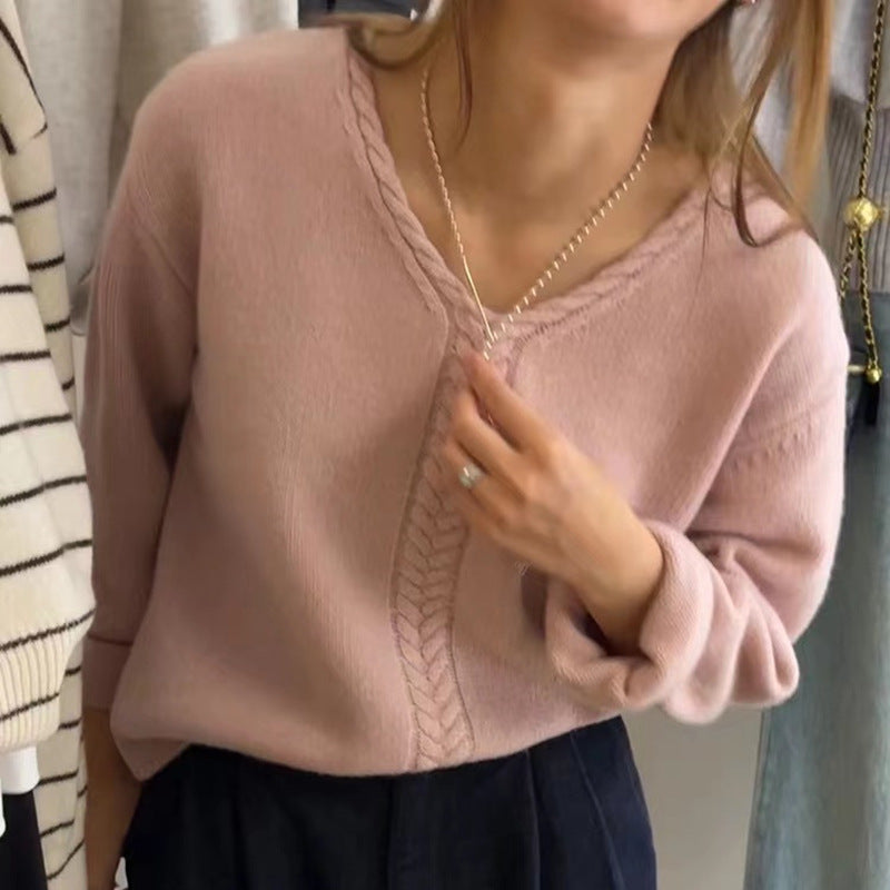 Damen Pullover V-Ausschnitt Feines Zopfmuster Eveloria