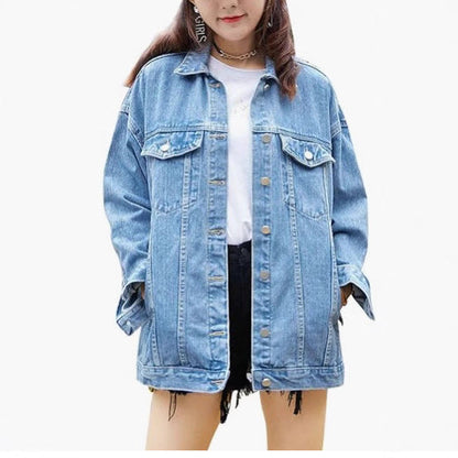 Eveloria Damen Oversized Denimjacke Dekorativen Druckknöpfen