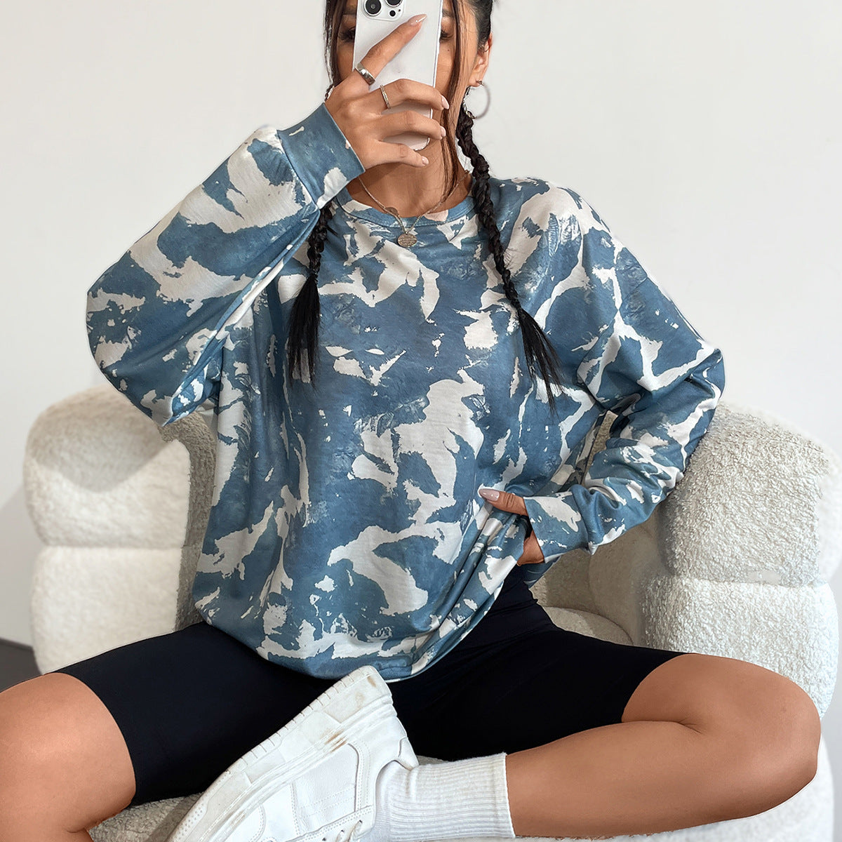 Damen Sweatshirt Camouflage-Muster Übergroßer Schnitt Grau Eveloria