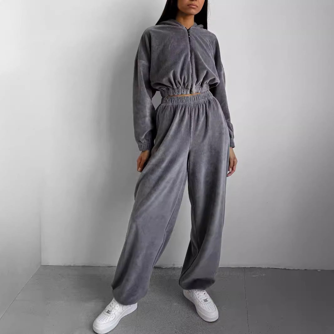 Damen Velours-Jogginganzug Kapuze Reißverschluss Schwarz Eveloria - Eveloria