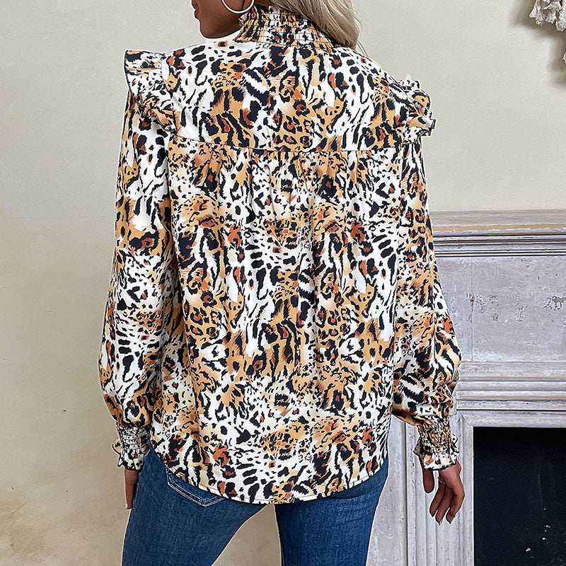 Damen Bluse Puffärmel Elastisch Rüschenkragen