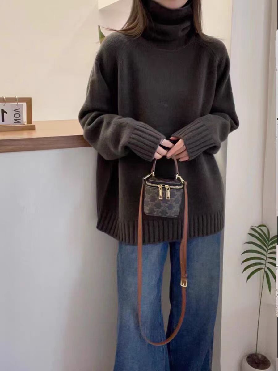 Damen Grobstrickpullover Stehkragen Schlitzen