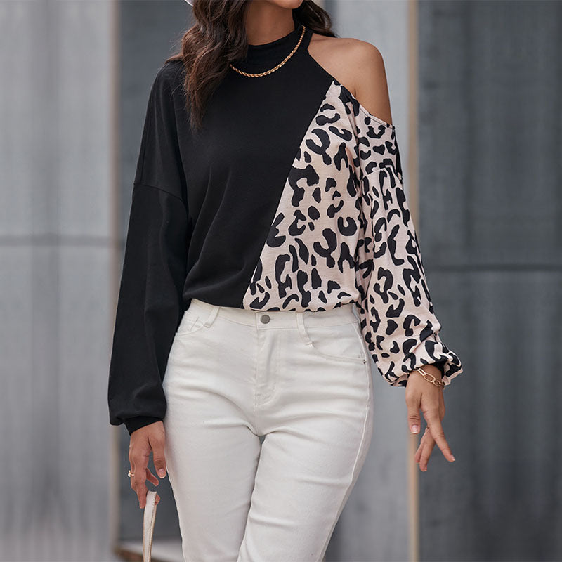 Damen Langarmshirt Leopardenmuster Asymmetrisch