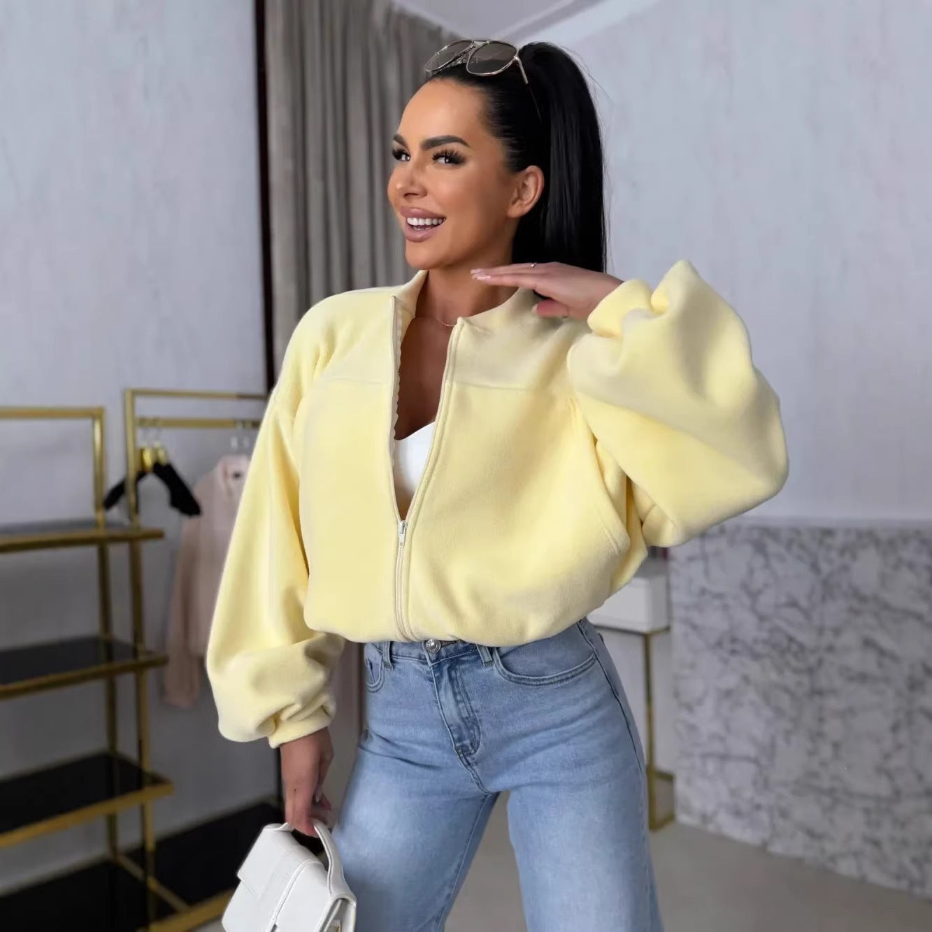 Damen Fleecejacke Lässig Hochkragen Puffärmel Eveloria