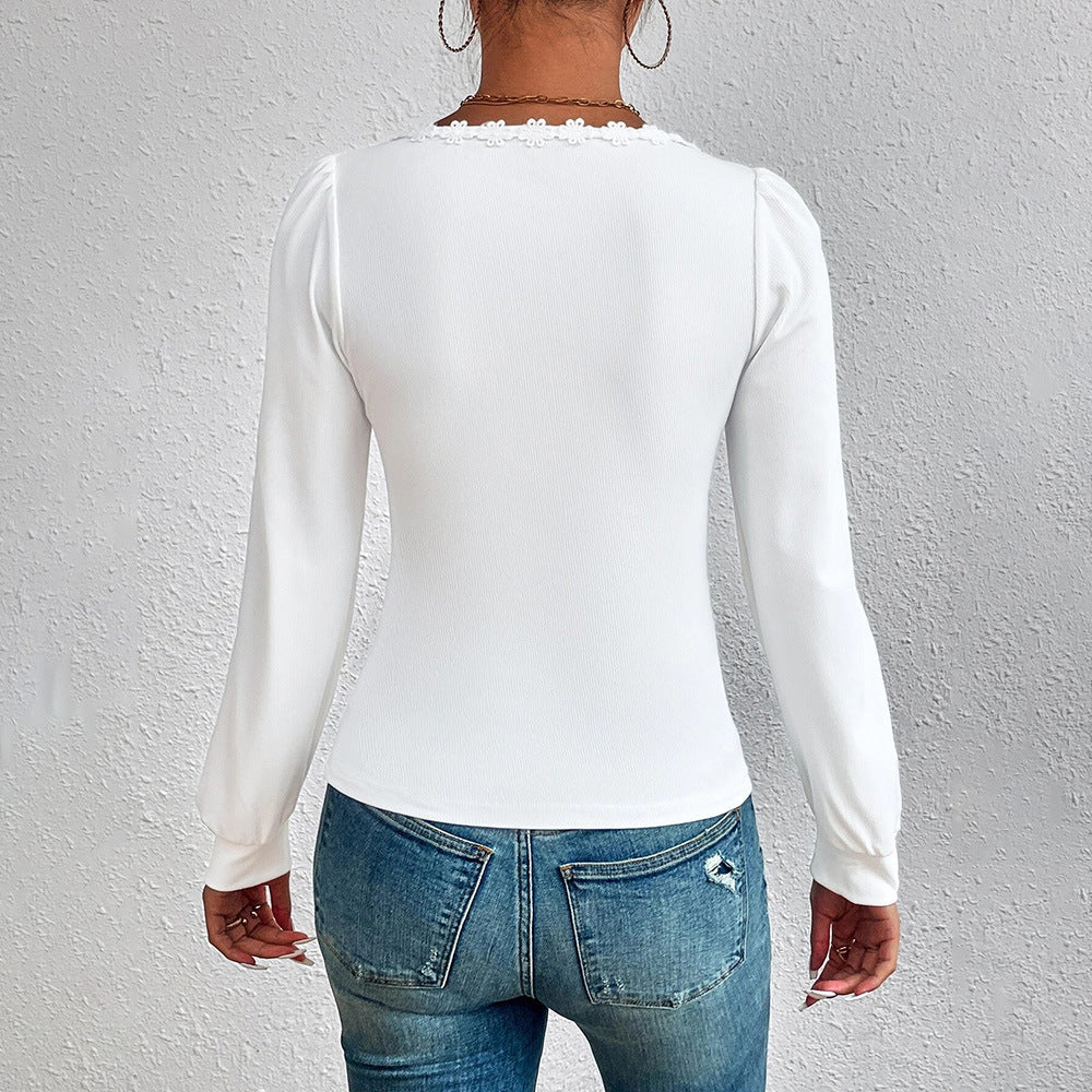 Damen Langarmshirt Rüschendekoration Tailliert Elegant Weiße Farbe
