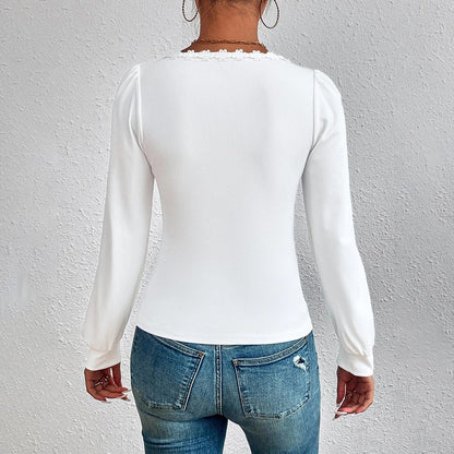 Damen Langarmshirt Rüschendekoration Tailliert Elegant Weiße Farbe