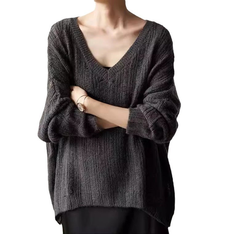 Damen Grobstrickpullover V-Ausschnitt Modisch