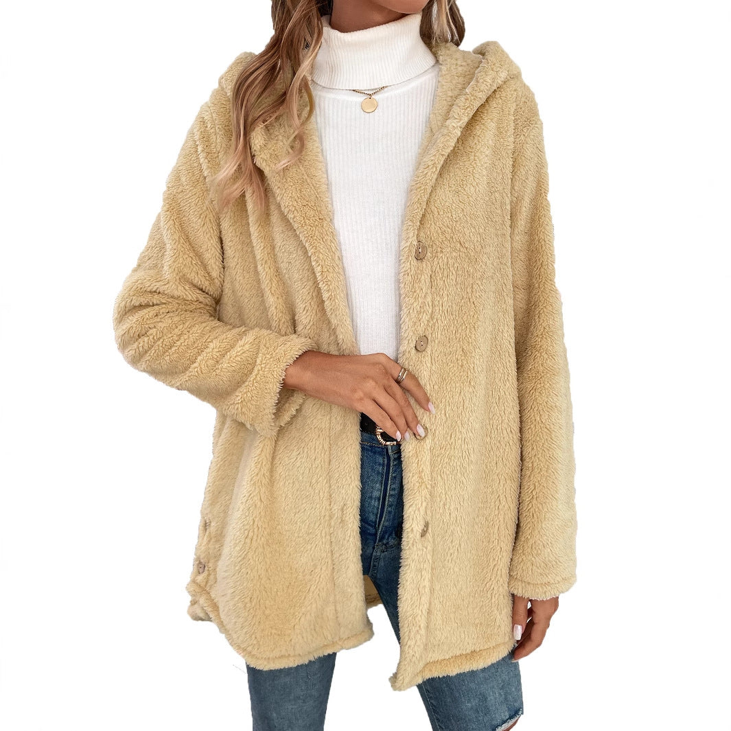 Damen Übergangsjacke Flauschig mit Kapuze und Knöpfen Eveloria