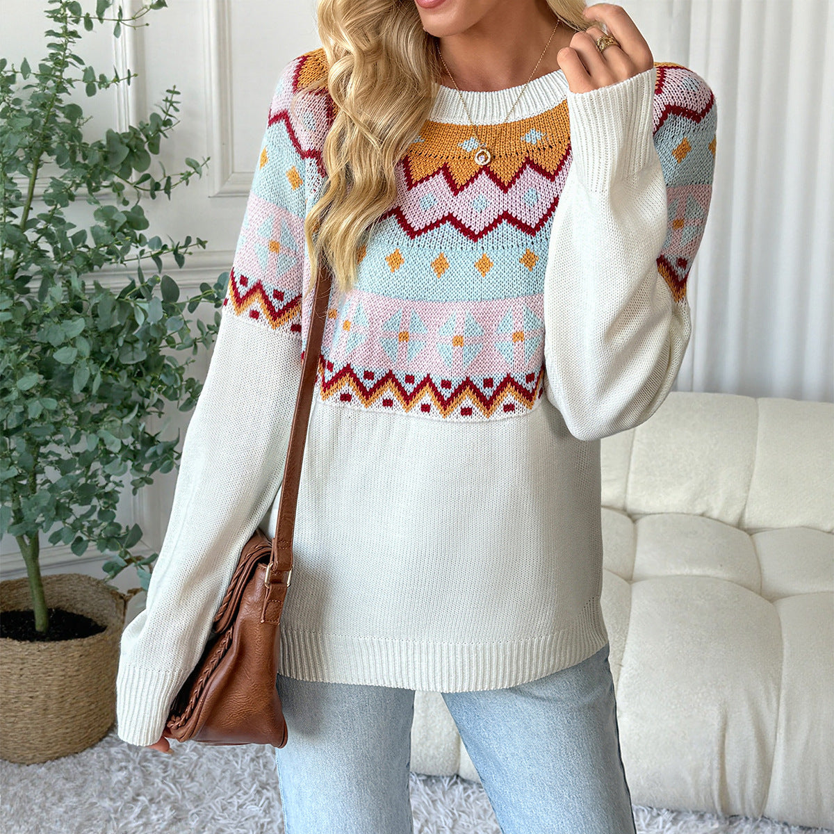 Damen Pullover Geometrisches Muster Rundhals
