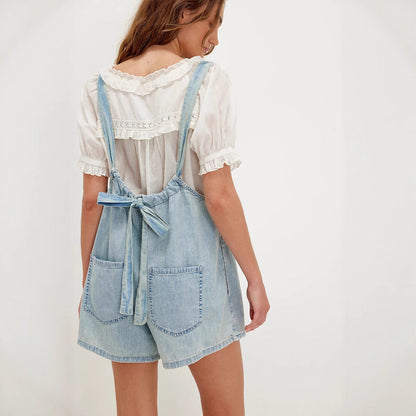 Damen Denim-Shortoverall Geraffter Ausschnitt Seitentaschen Blau