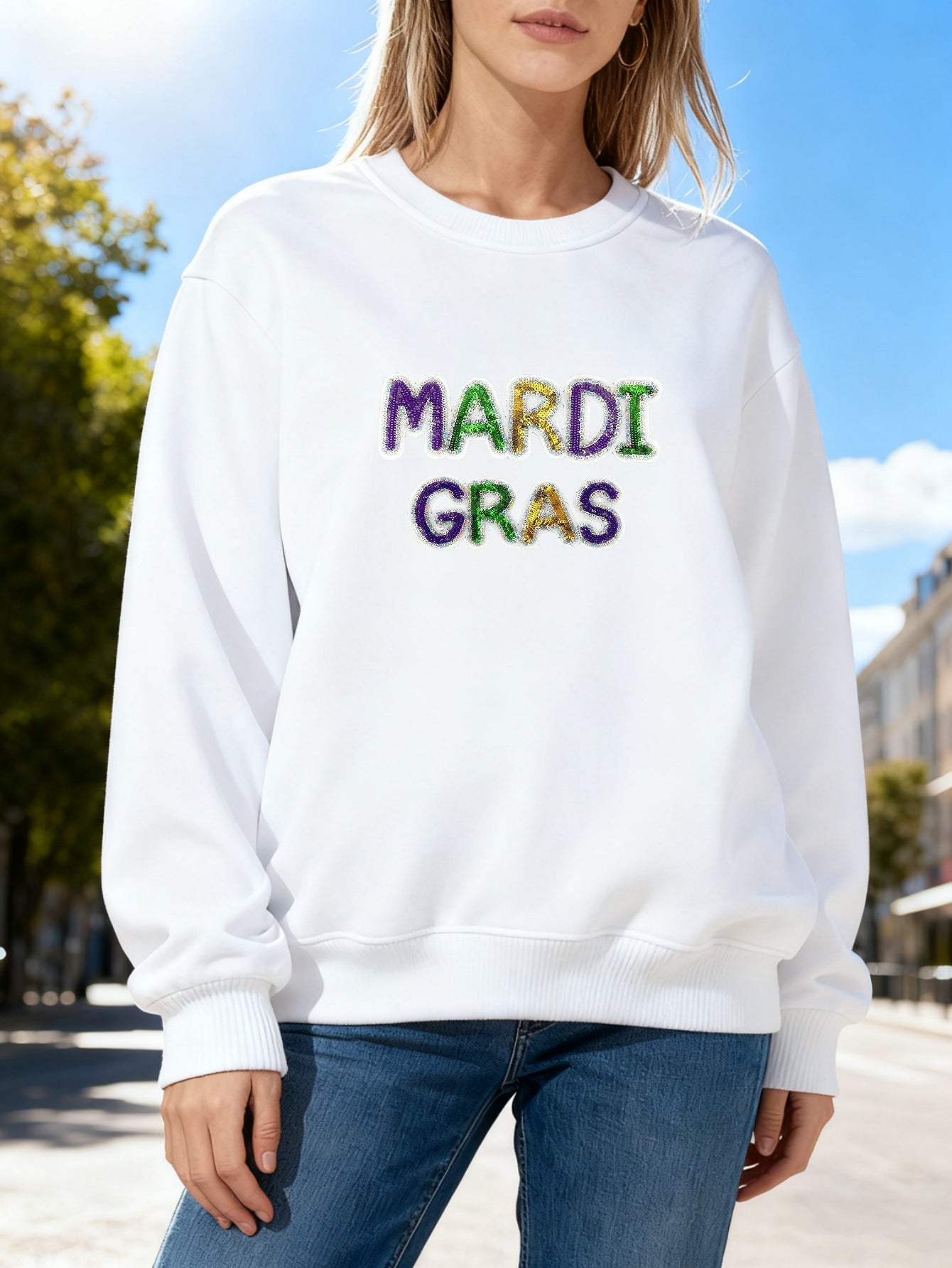Damen Sweatshirt Mardi Gras Schriftzug Eveloria