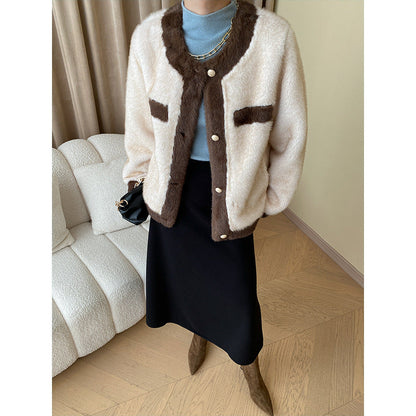 Damen Bouclé-Jacke Kuschelig Dekorative Knöpfe Beige