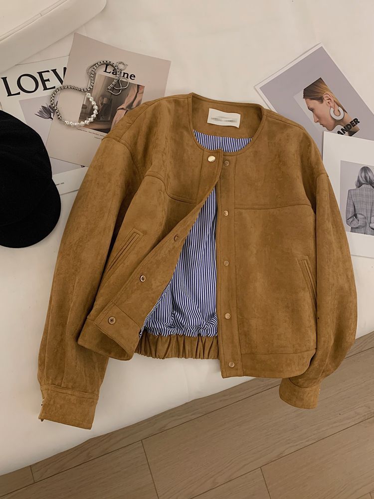 Damen Suedejacket Elastischer Bund Braun Eveloria