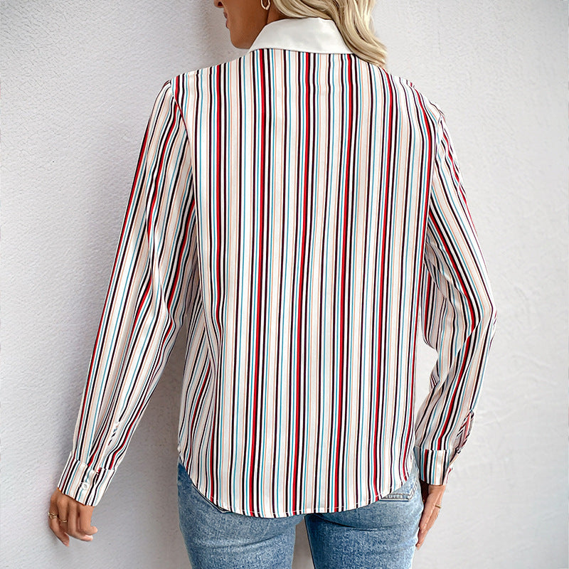 Damen Hemdbluse Streifenmuster Eleganter Kragen Weiß