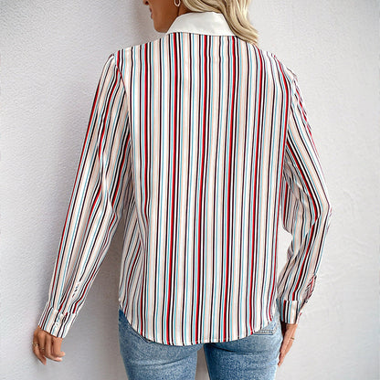 Damen Hemdbluse Streifenmuster Eleganter Kragen Weiß
