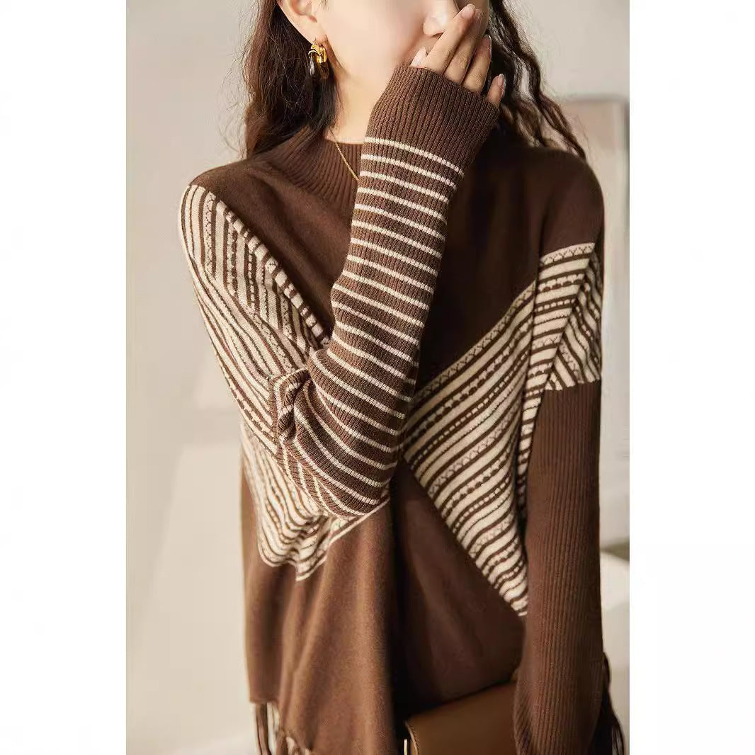 Damen Strickpullover Geometrisches Muster Fransen