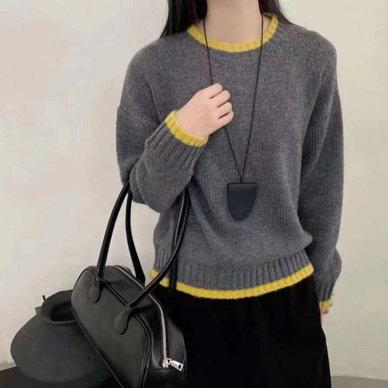 Damen Strickpullover Weich Kontrastbündchen