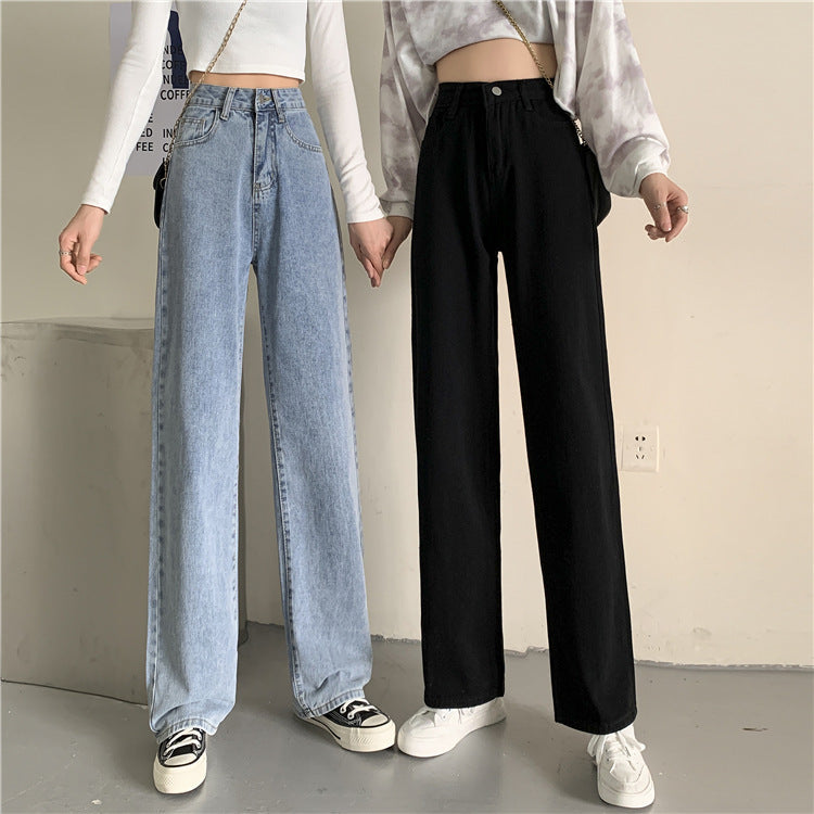 Damen Highwaist Jeans Weit Bequem Blau Eveloria