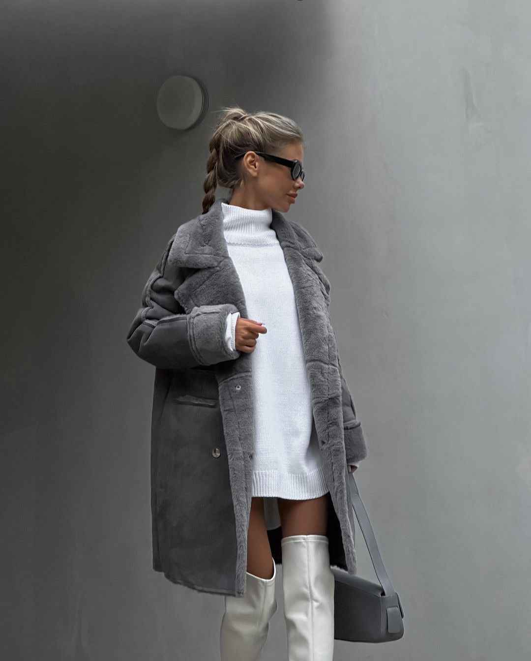 Damen Winterjacke Lang Reverskragen Fleece Schwarz - Eveloria