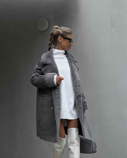 Damen Winterjacke Lang Reverskragen Fleece Schwarz - Eveloria
