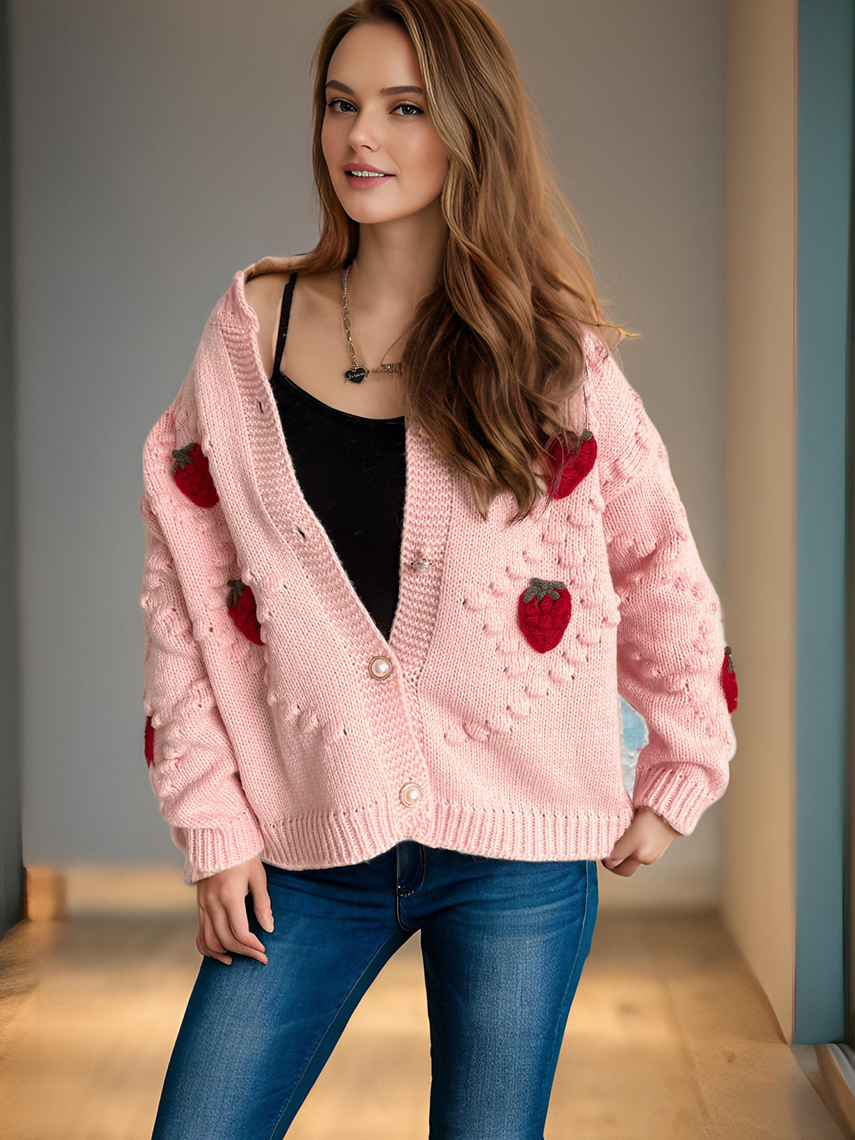 Damen Strickjacke Erdbeer Stickerei Knopfverschluss