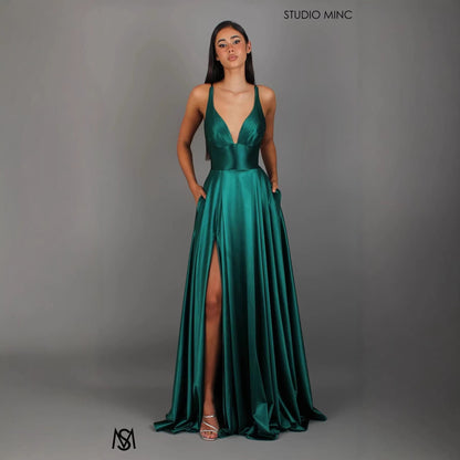 Damen Abendkleid V-Ausschnitt Hochschlitz Rock Eveloria