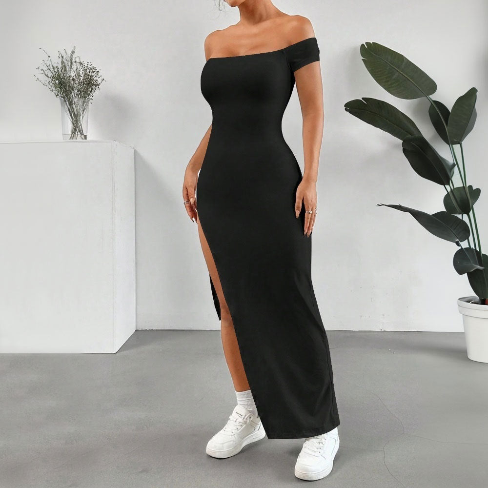 Damen Maxikleid Schulterfrei Hochschlitz Eveloria