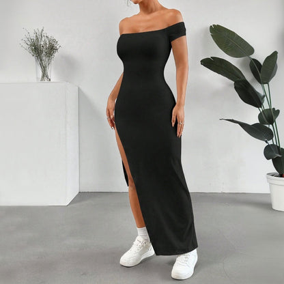 Damen Maxikleid Schulterfrei Hochschlitz Eveloria
