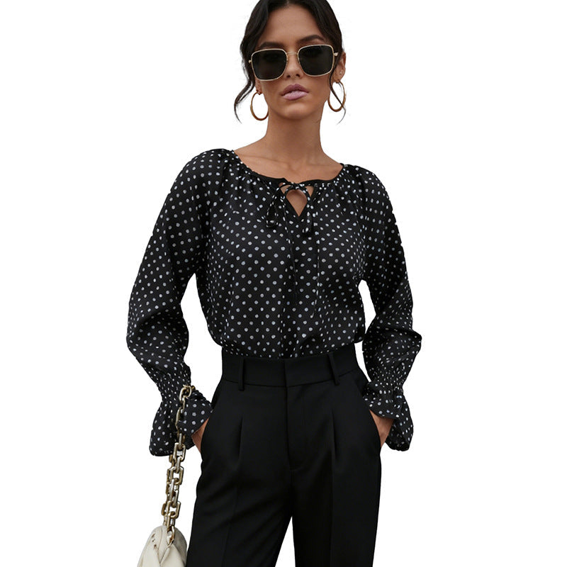 Damen Bluse Punktedesign Schnürung Eleganz