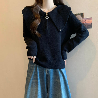 Damen Strickpullover Dekorativer Kragen Reißverschluss Eveloria
