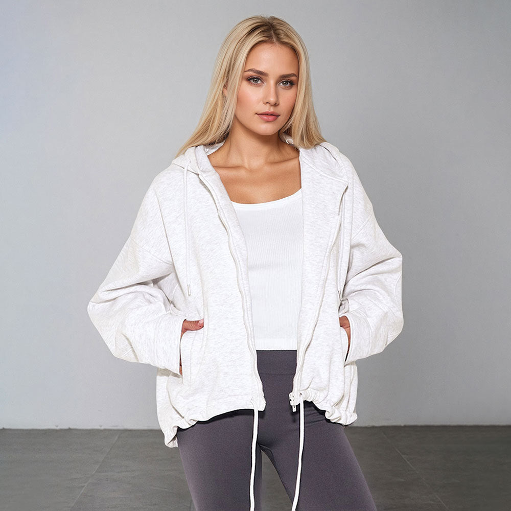 Damen Oversized Kapuzenpullover Kordelzug Taschen Beige