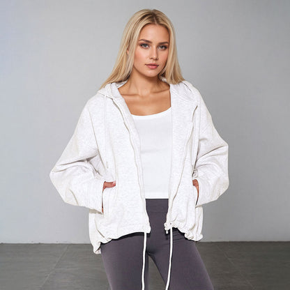 Damen Oversized Kapuzenpullover Kordelzug Taschen Beige
