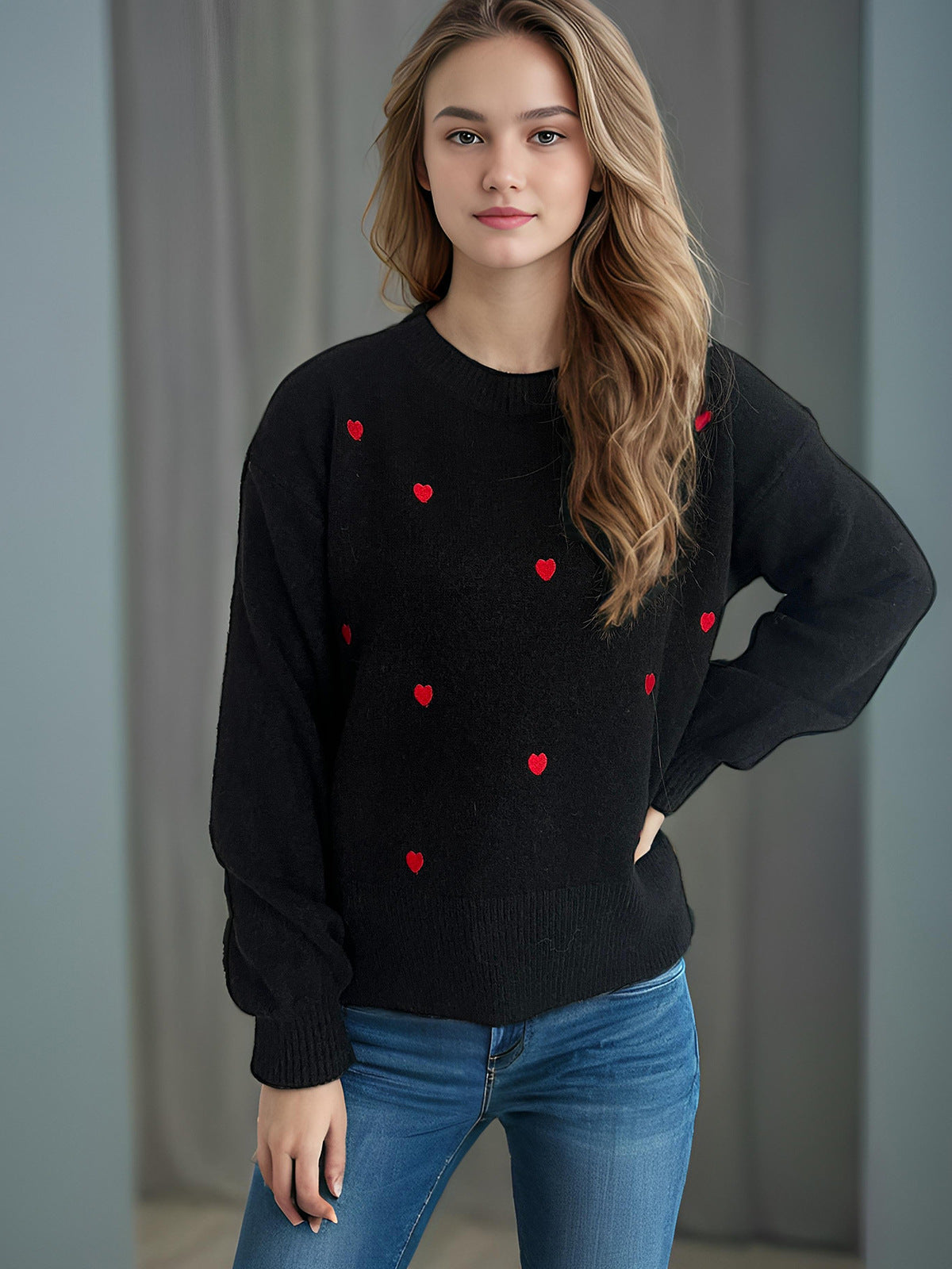 Damen Pullover Herzmotiv Lässig Eveloria