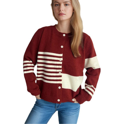 Damen Strickjacke Kontraststreifen Elegante Knöpfe Beige