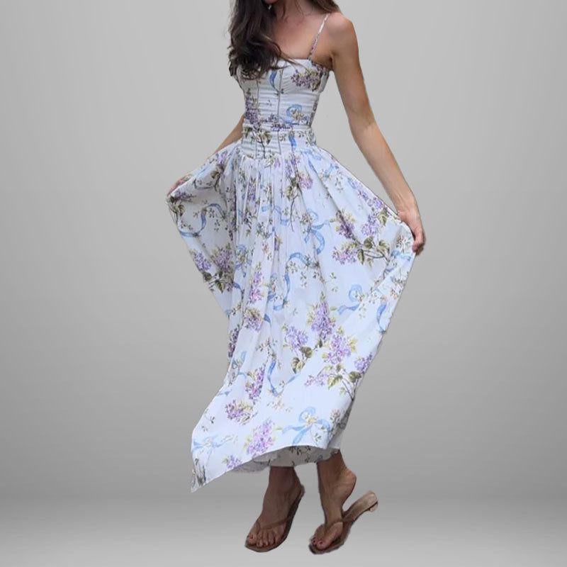 Damen Maxikleid Floralmuster Gerafftes Oberteil Eveloria