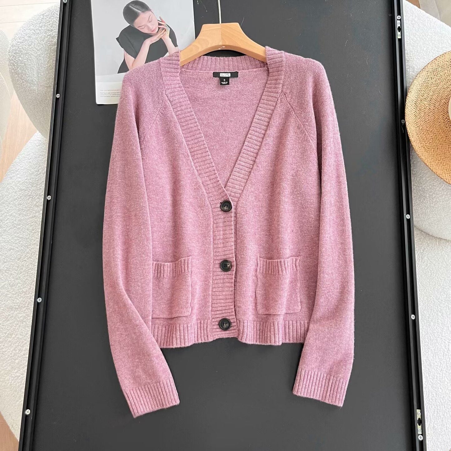 Damen Strickjacke Elegantes Design Praktische Taschen Anthrazit