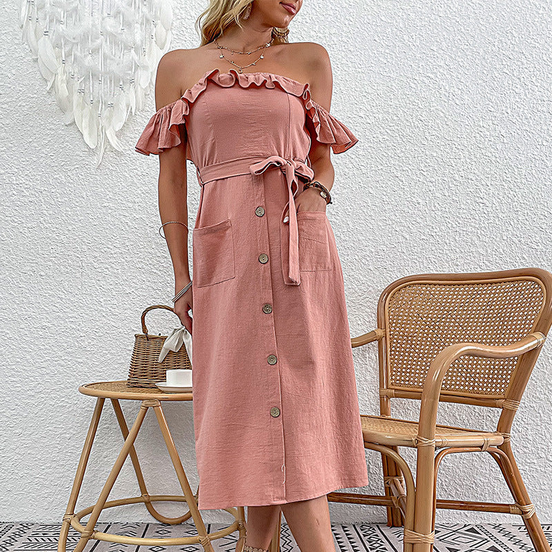 Damen Off-Shoulder Midi-Kleid Rüschendetails Bindegürtel Eveloria