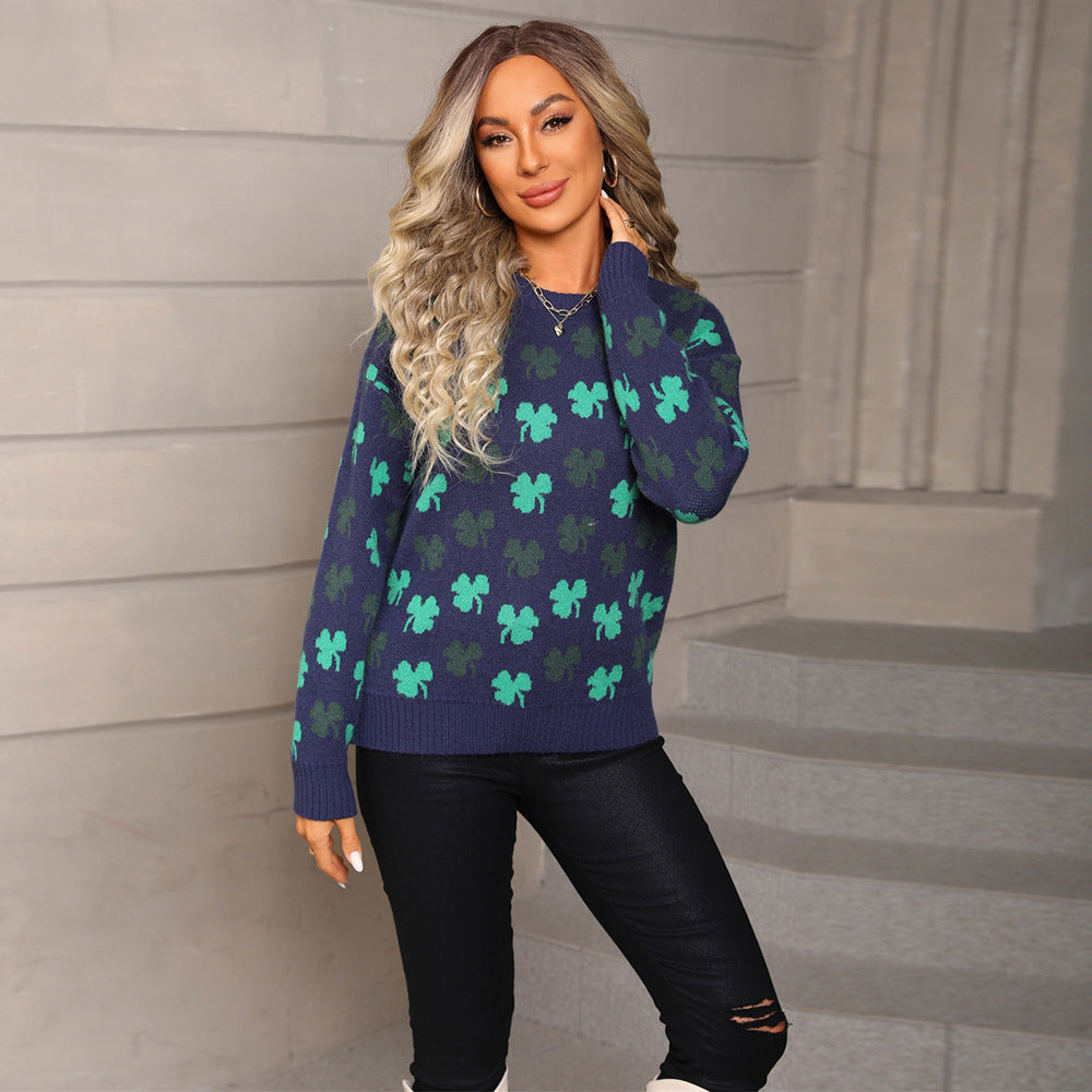 Damen Strickpullover Kleeblatt-Muster Weich Eveloria