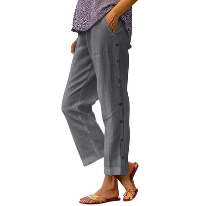 Damen Leinenhose Bequem Knöpfe Anthrazit