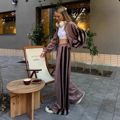 Damen Jogginganzug Velours Elastisch Hochkragen Eveloria