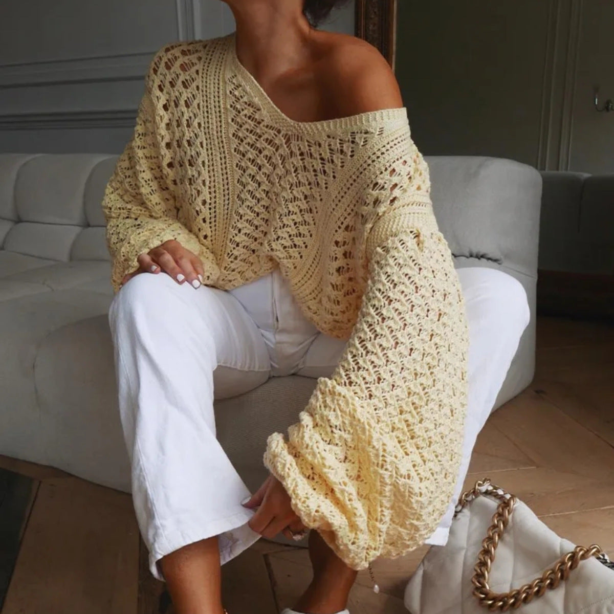 Damen Strickpullover V-Ausschnitt Oversized Ärmel Luftig