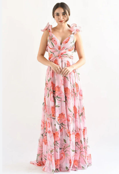 Damen Maxikleid Blumenmuster RüschenDetails Eveloria
