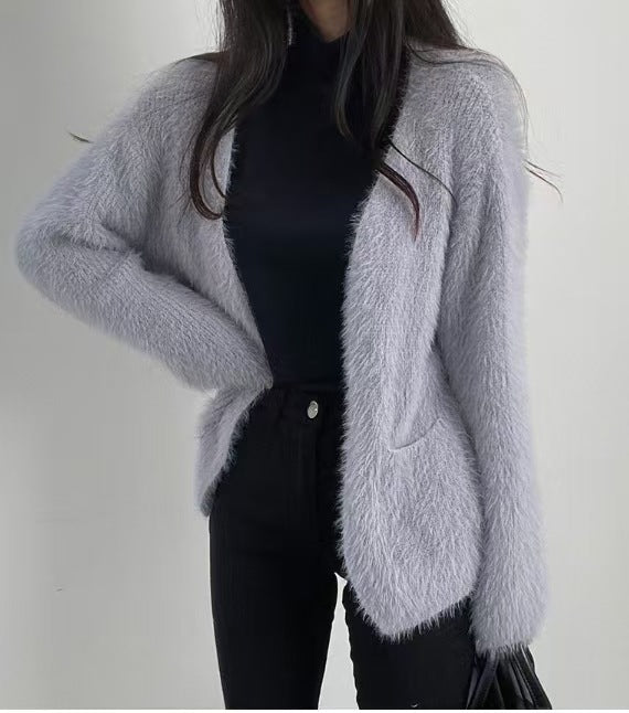 Damen Flauschstrickjacke Offene Front Praktische Taschen Grau