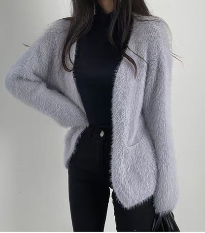 Damen Flauschstrickjacke Offene Front Praktische Taschen Grau