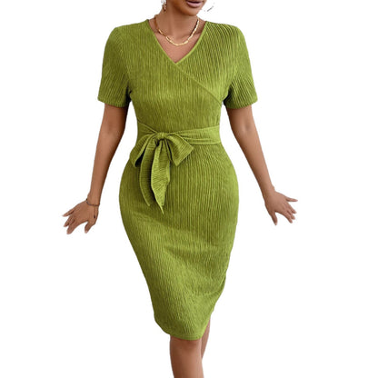 Damen Wickelkleid Gerippter Stoff Taillengürtel Eveloria