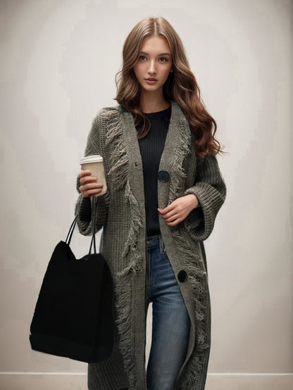 Damen Grobstrick Cardigan mit Fransen und Knöpfen Beige