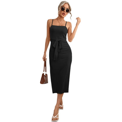Damen Midi-Kleid mit Taillengürtel und Spaghettiträgern Eveloria